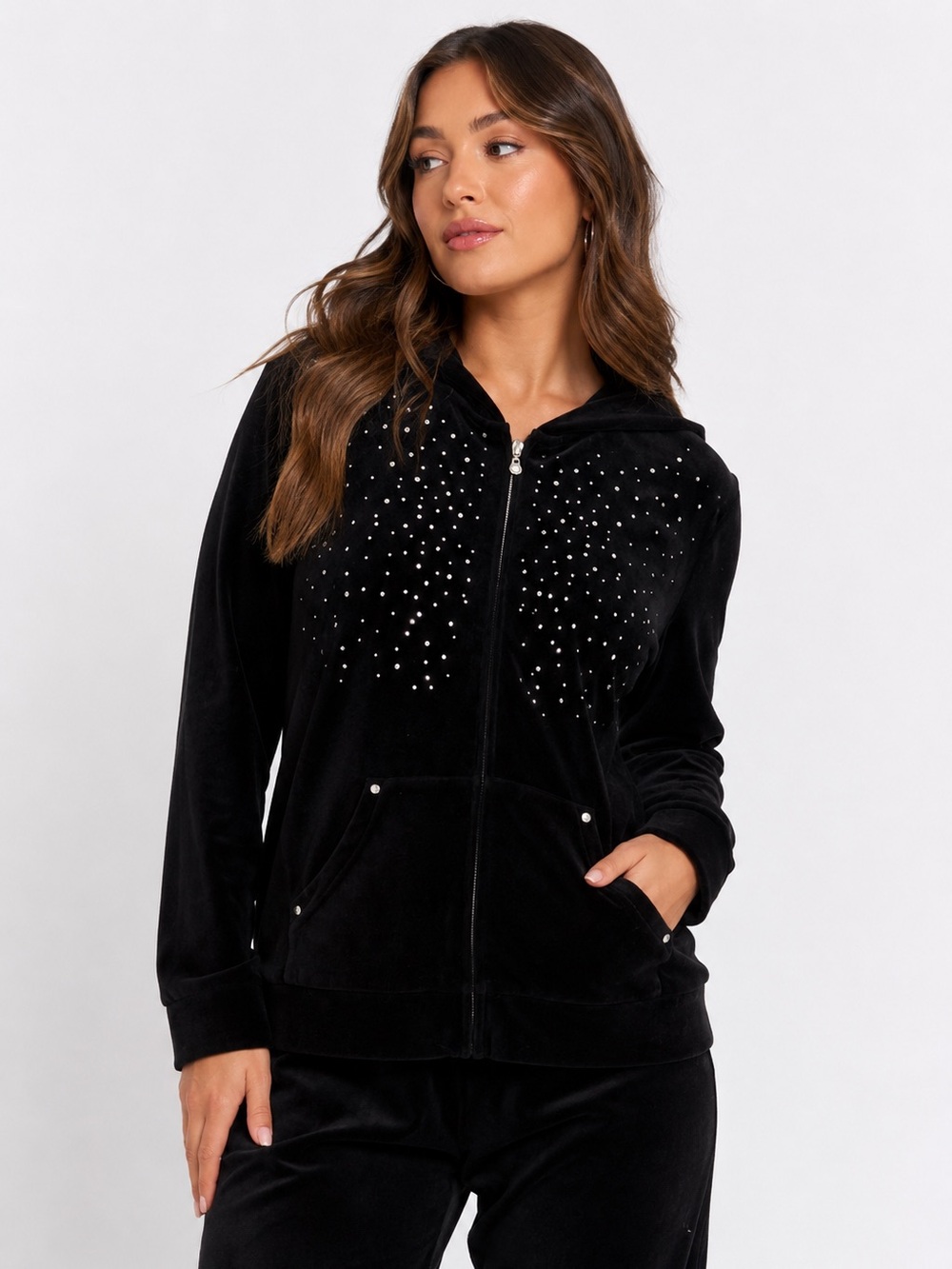 Style & Co Sport Black Velour Rhinestone Zip Hoodie 0X Y2K
